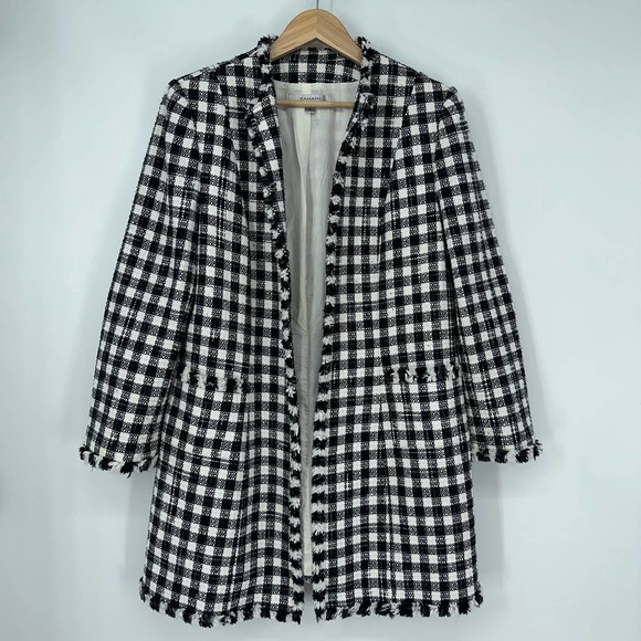Tahari Jackets & Blazers - TAHARI Gingham Long Line Coat Open Front Boucle Tweed Plaid Jacket, Black/ White